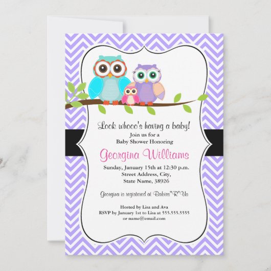 Schattigee Uil Meisje Baby shower Uitnodiging / Pa (Voorkant)
