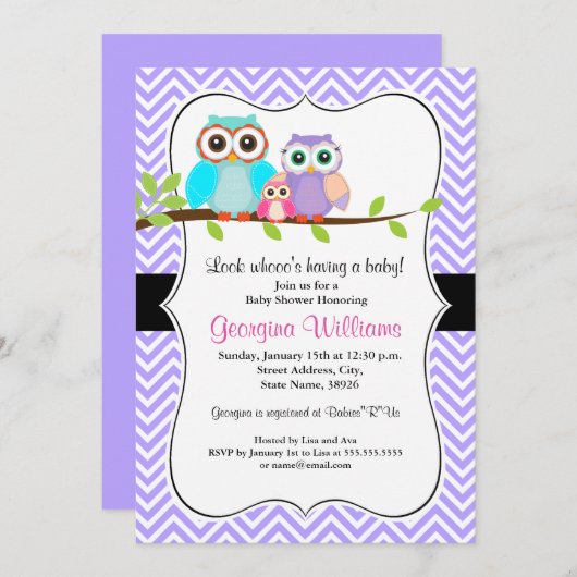 Schattigee Uil Meisje Baby shower Uitnodiging / Pa (Voorkant / Achterkant)