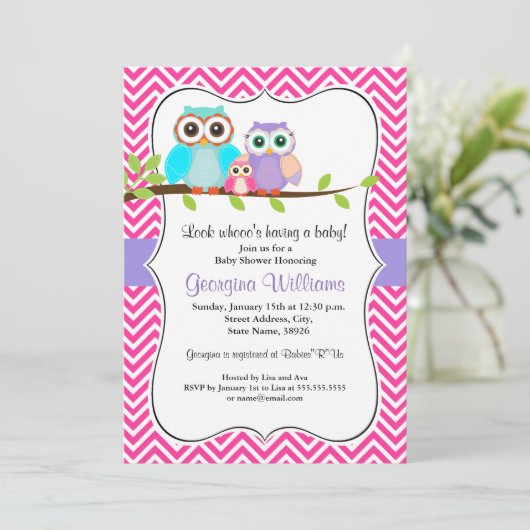 Schattigee Uil Meisje Baby shower Uitnodiging - Ro (Staand voorkant)