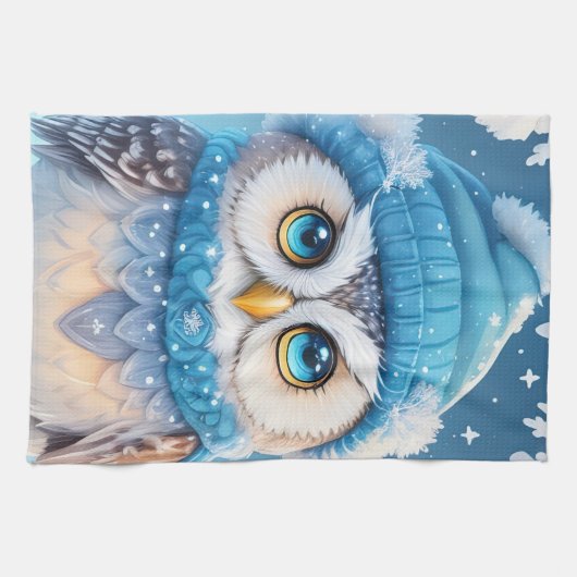 Schattigee uil met een blauw pet theedoek (Horizontaal)