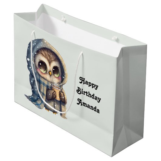 Schattigee Uil met een koffieverjaardag Groot Cadeauzakje (Voorkant Gekanteld)