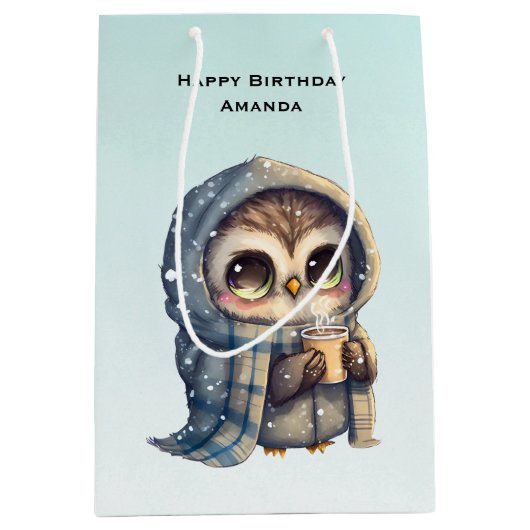 Schattigee Uil met een koffieverjaardag Medium Cadeauzakje (Voorkant)