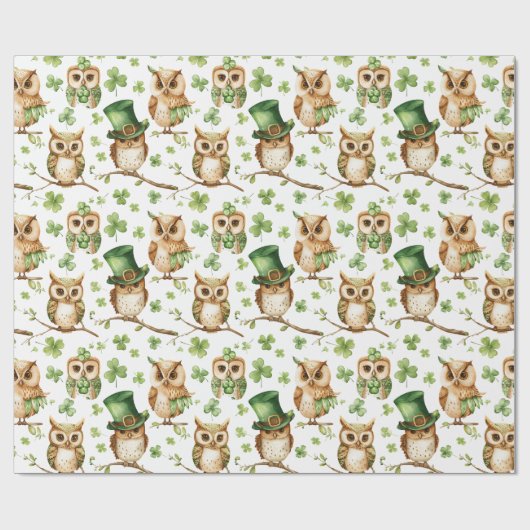 Schattigee Uil met Groen Pet Shamrock St. Patrick' Cadeaupapier (Vlak)