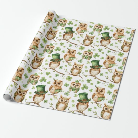 Schattigee Uil met Groen Pet Shamrock St. Patrick' Cadeaupapier (Uitgerold)