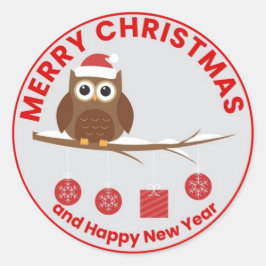 Schattigee uil met kerst- en nieuwjaarskaarten ronde sticker
