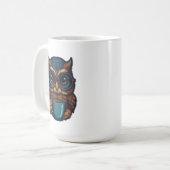 "Schattigee uil met koffiekopje" Grappig ontwerp Koffiemok (Voorkant links)