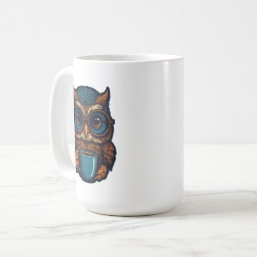 "Schattigee uil met koffiekopje" Grappig ontwerp Koffiemok (Voorkant links)