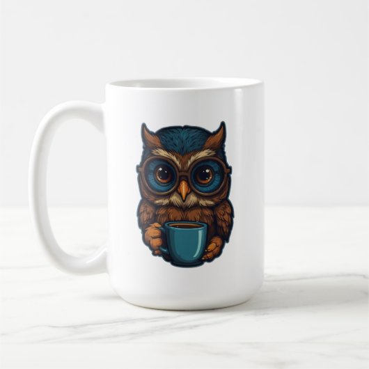 "Schattigee uil met koffiekopje" Grappig ontwerp Koffiemok (Links)