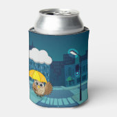 Schattigee Uil met paraplu op regenachtige dag Blikjeskoeler (Blikje Voorkant)