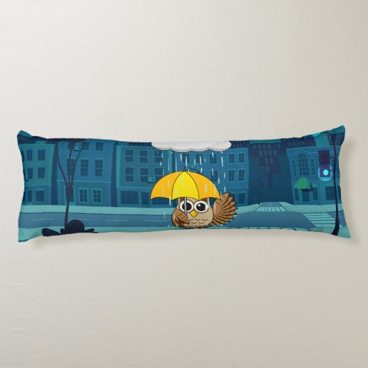 Schattigee Uil met paraplu op regenachtige dag Lichaamskussen (Achterkant)