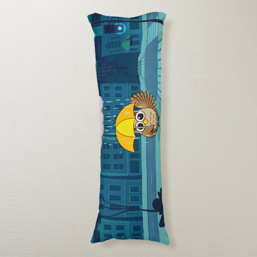 Schattigee Uil met paraplu op regenachtige dag Lichaamskussen (Voorkant Verticaal)