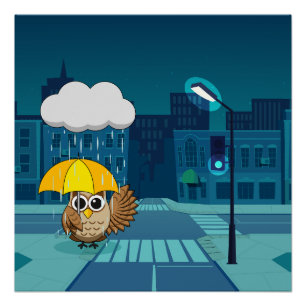 Schattigee Uil met paraplu op regenachtige dag Perfect Poster