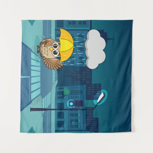 Schattigee Uil met paraplu op regenachtige dag Wandkleed (Voorkant (horizontaal))