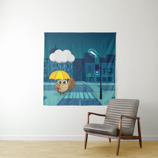 Schattigee Uil met paraplu op regenachtige dag Wandkleed (In situ)