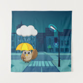 Schattigee Uil met paraplu op regenachtige dag Wandkleed (Voorkant)