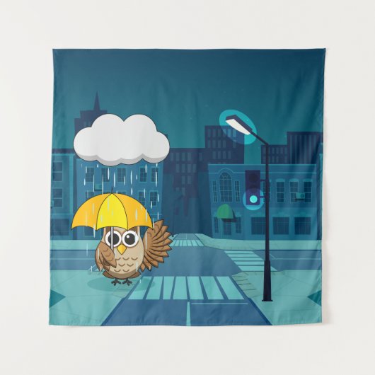 Schattigee Uil met paraplu op regenachtige dag Wandkleed (Voorkant)