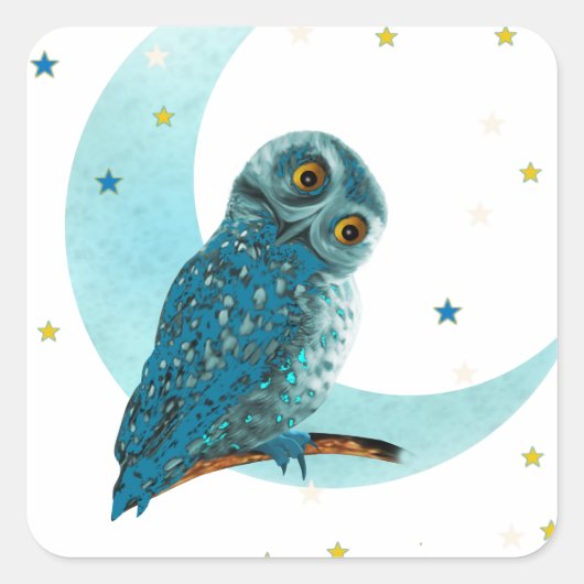 Schattigee Uil Moon en Sterren Vierkante Sticker (Voorkant)