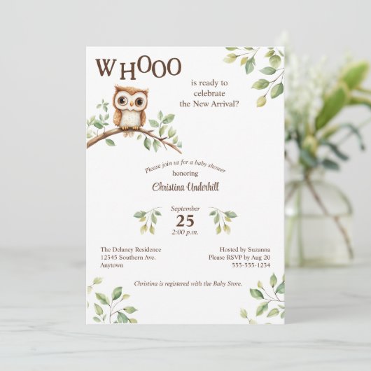 Schattigee Uil op Branch Waterverf Baby shower Kaart (Staand voorkant)