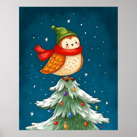 Schattigee uil op een kerstboom Poster print (Voorkant)