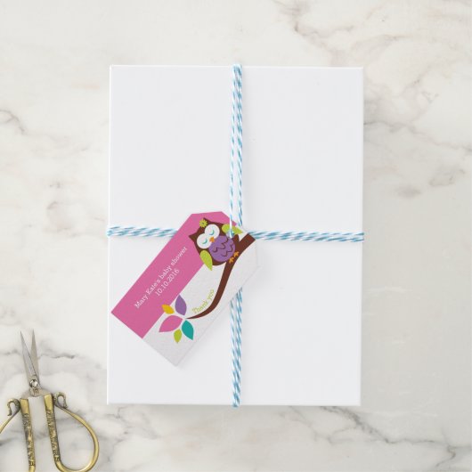 Schattigee UIL op een tak Dieren Baby shower VERJA Cadeaulabel (Met Touw)