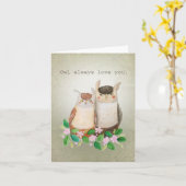 Schattigee uil paar Woodland Animal Pun Funny Love Kaart (Gele Bloem)