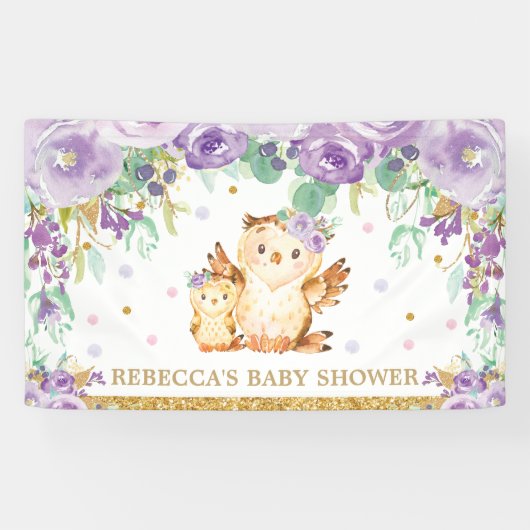 Schattigee Uil Paarse Bloemen Baby shower Achtergr Spandoek (Horizontaal)