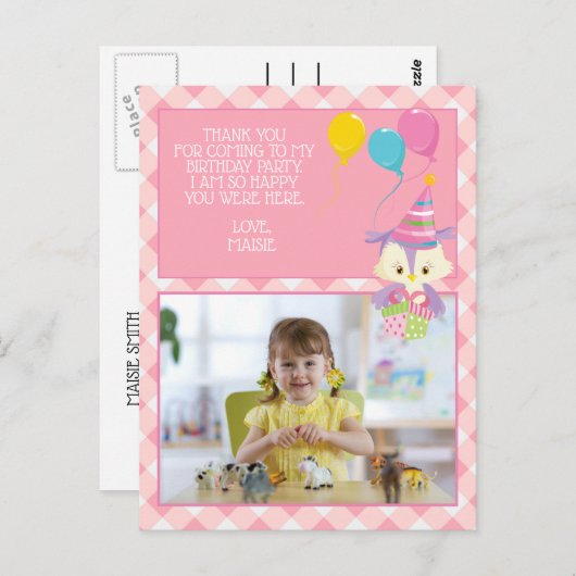 Schattigee Uil Pink Gingham Verjaardag van het kin Briefkaart (Voorkant / Achterkant)