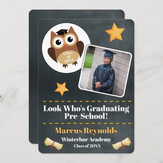 Schattigee uil Pre-School Afstuderen Foto aankondi Kaart (Voorkant / Achterkant)