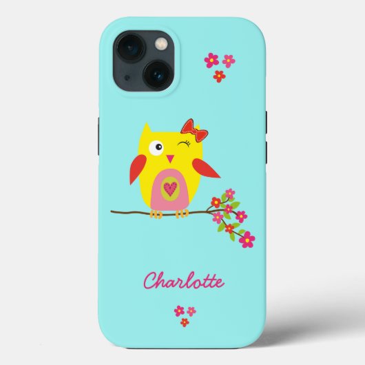 Schattigee Uil Roze Bloemen Kinder gepersonaliseer Case-Mate iPhone Case (Achterkant)
