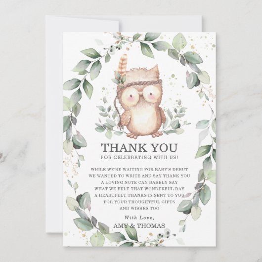 Schattigee Uil Rustiek Groen Baby shower Verjaarda Bedankkaart (Voorkant)