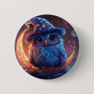 Schattigee uil tovenaar op de maan: magische fanta ronde button 5,7 cm