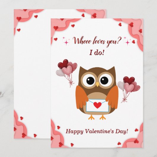 Schattigee Uil Valentijnsdag Kaart voor kinderen (Voorkant / Achterkant)