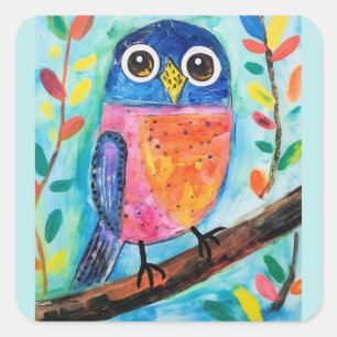 Schattigee Uil Vogel Waterverf Kunst Vierkante Sticker