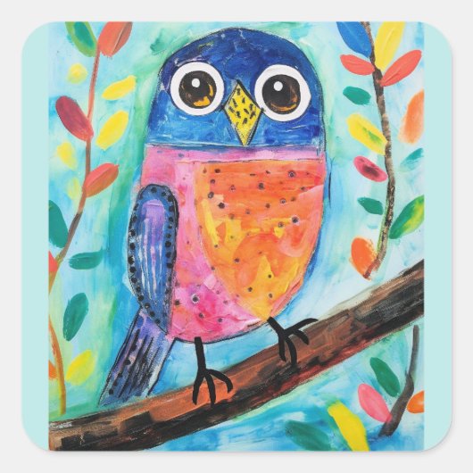 Schattigee Uil Vogel Waterverf Kunst Vierkante Sticker (Voorkant)