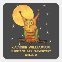 Schattigee Uil Waterverf Stijl School Naam Jaar Vierkante Sticker