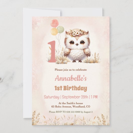 Schattigee Uil Woodland Boho Meisje 1e verjaardag Kaart (Voorkant)