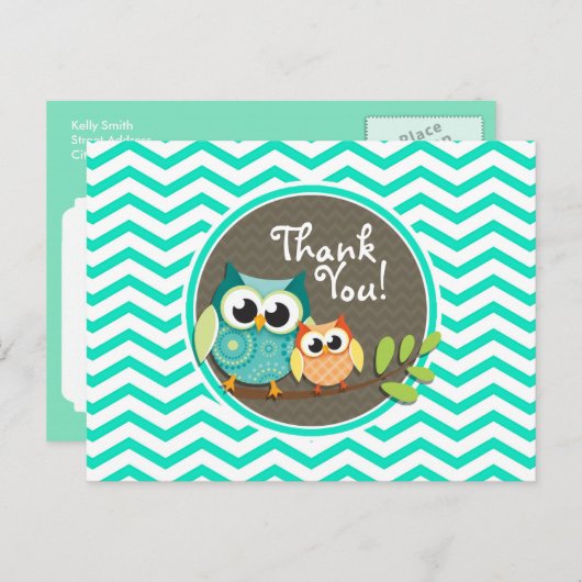 Schattigee uilen; Aqua Green Chevron Briefkaart (Voorkant / Achterkant)