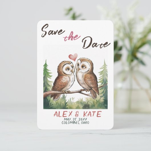 Schattigee uilen bruiloft Save the Date Aankondigi (Staand voorkant)