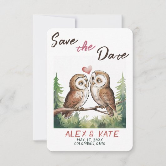 Schattigee uilen bruiloft Save the Date Aankondigi (Voorkant)
