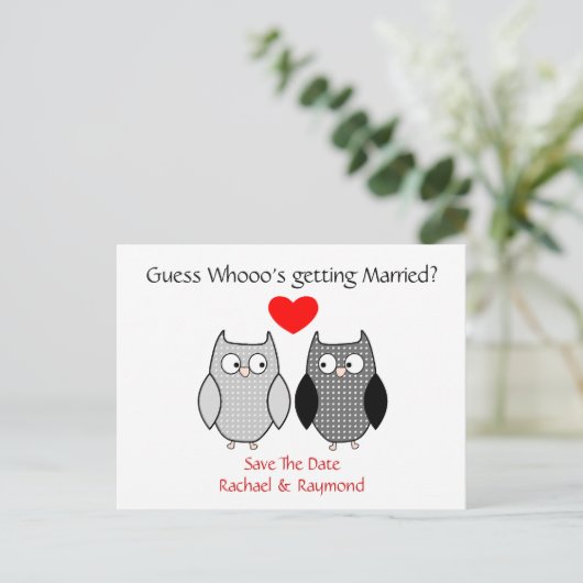 Schattigee uilen Custom Wedding Save the Date Post Aankondigingskaart (Staand voorkant)