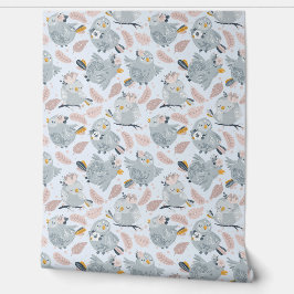 Schattigee uilen en bloemetjes behang