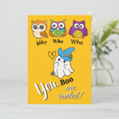 Schattigee uilen en spook Halloween-uitnodiging Kaart (Staand voorkant)