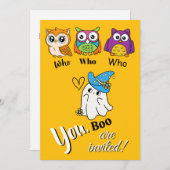 Schattigee uilen en spook Halloween-uitnodiging Kaart (Voorkant / Achterkant)