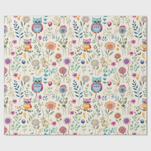 Schattigee Uilen in Bloemen Cadeaupapier (Vlak)