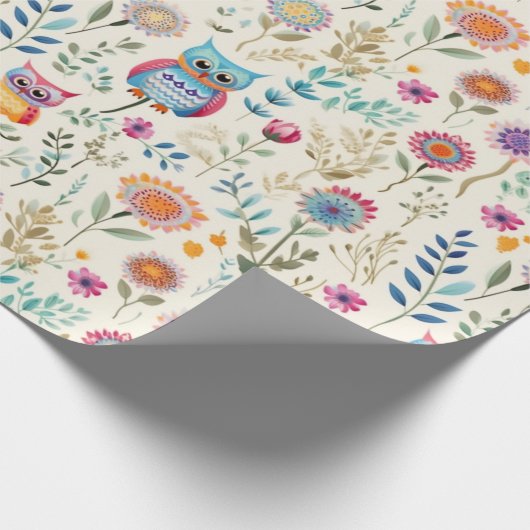 Schattigee Uilen in Bloemen Cadeaupapier (Hoek)