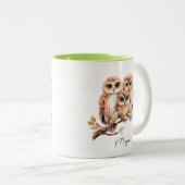 Schattigee uilen op een boomtak tweekleurige koffiemok (Voorkant rechts)