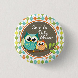 Schattigee uilen op kleurrijke argyle; Baby shower Ronde Button 3,2 Cm