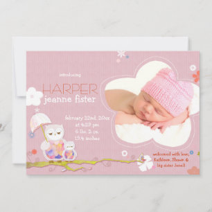 Schattigee uilen roze baby meisje foto geboorte aankondiging