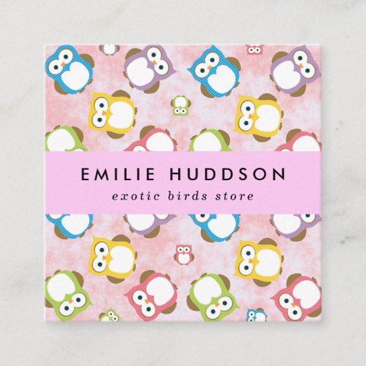Schattigee uilen, uilenpatroon, dierenwinkel, voge vierkante visitekaartje (Voorkant)