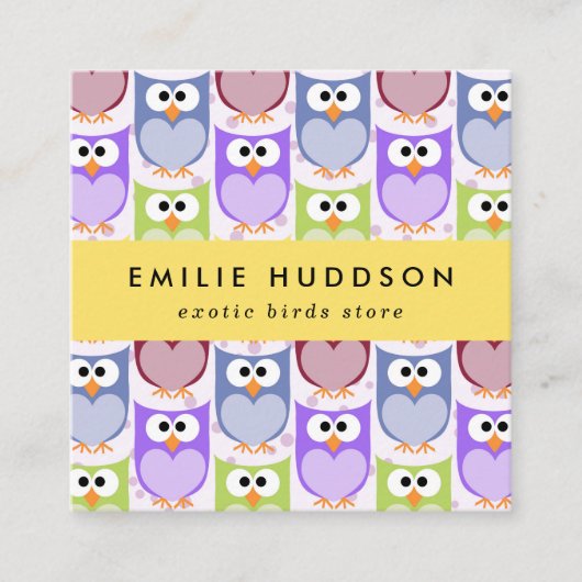 Schattigee uilen, uilenpatroon, dierenwinkel, voge vierkante visitekaartje (Voorkant)